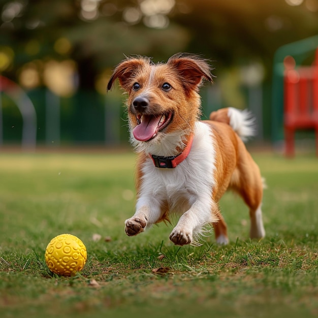 Cão adorável caminhando e brincando com uma bola de brinquedo ao ar livre para mídia social