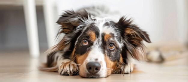 Cão adorável deitado dentro com expressão tímida