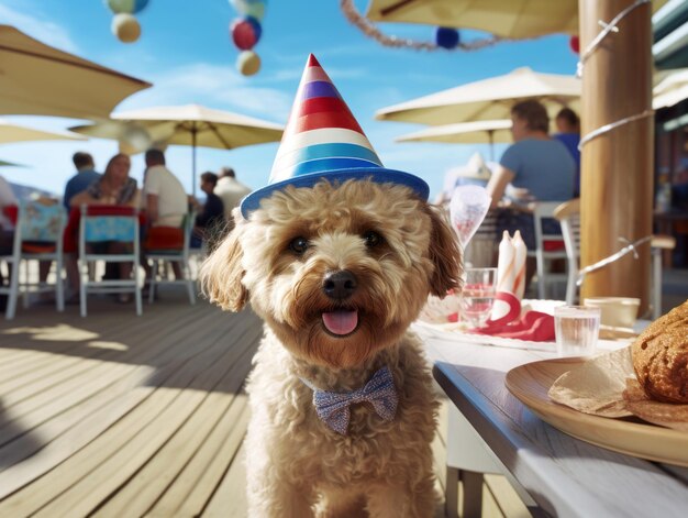 Foto cão adorável posando com um bolo de aniversário em uma celebração