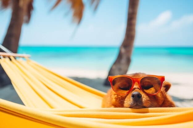 Foto cão adormecido com óculos de sol vermelhos deitado em uma hamaca de tecido amarelo ao lado de uma praia paradisíaca