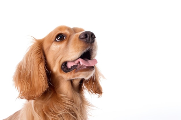 Cão adulto bonito olhando para cima, vista lateral, isolado no fundo branco, com espaço de cópia, fechar retrato, animal engraçado