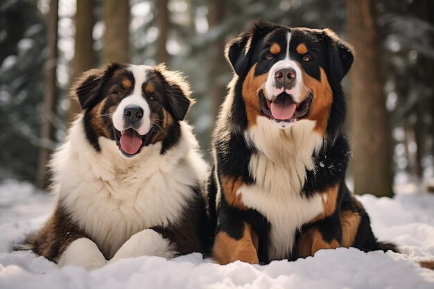 Cão Akitainu e cão de montanha bernese sentados lado a lado em um parque de inverno