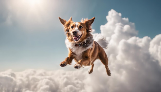 Cão alegre a voar acima das nuvens