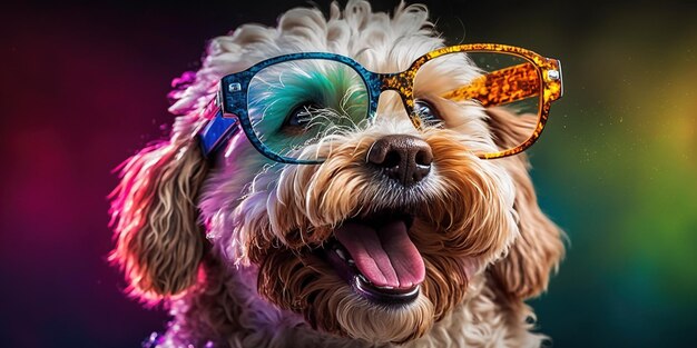 Cão alegre com óculos em fundo colorido Generative AI