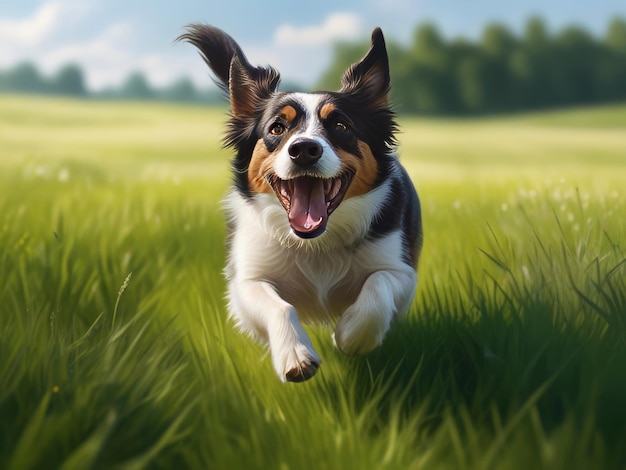 Cão alegre correndo por um campo de grama em um dia de verão