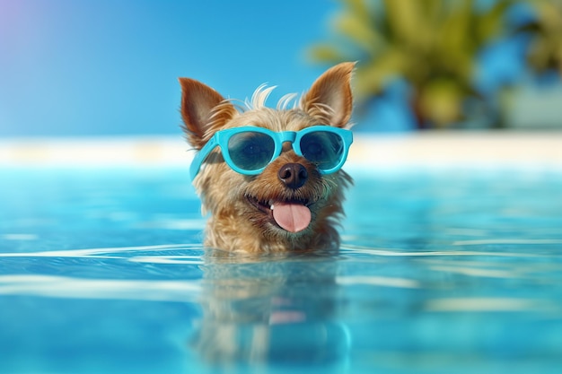 Cão alegre engraçado em óculos de sol na piscina