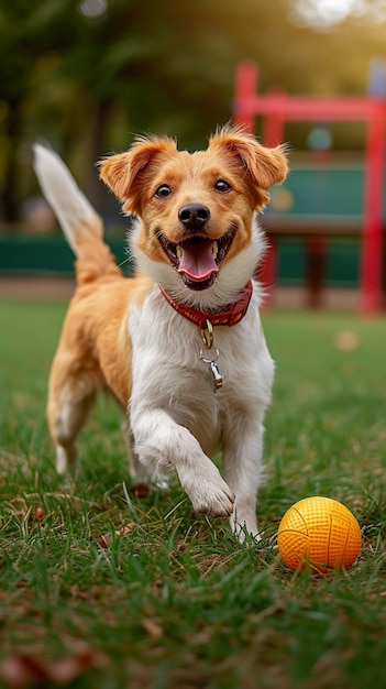 Cão alegre gosta de grama verde brincalhão com uma bola de brinquedo papel de parede móvel vertical