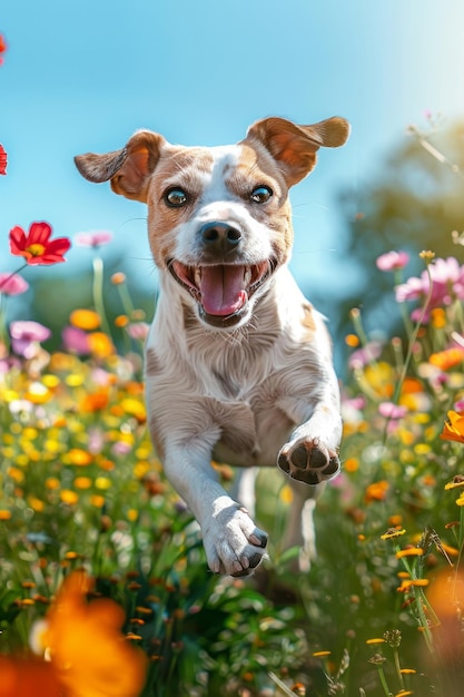 Cão alegre saltando por um campo de flores