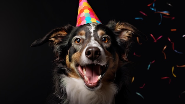 Cão alegre usando um chapéu de aniversário brilhante