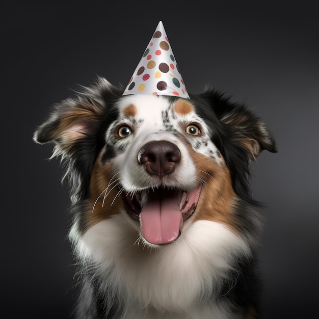 Cão alegre usando um chapéu de aniversário brilhante