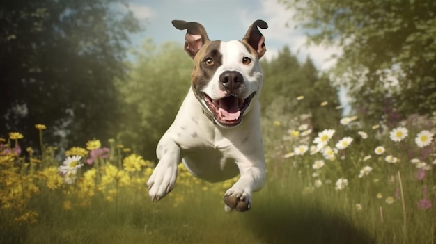 Cão amstaff engraçado com olhos loucos voando no ar