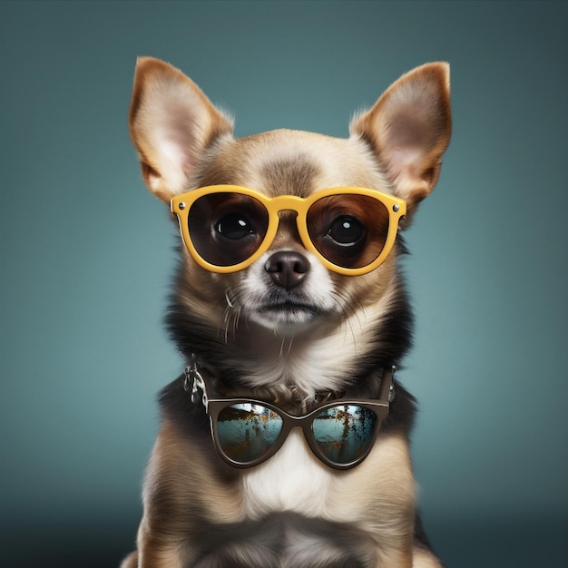 Foto cão animal de estimação amarelo divertido cachorro fundo óculos bonitos retrato animal chihuahua generative ai