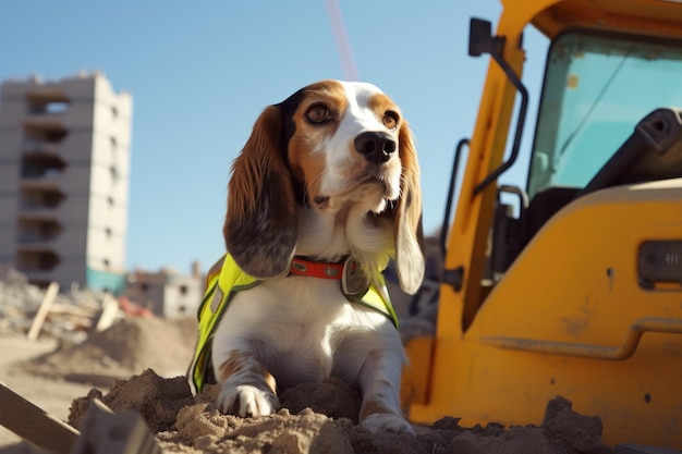 cão antropomórfico em um colete de trabalhador de construção opera uma escavadeira em um local de construção