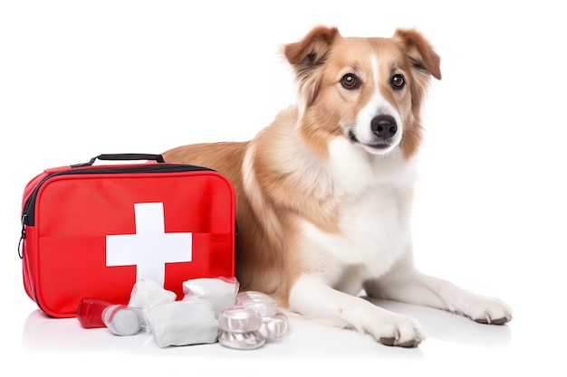 cão ao lado de um kit de primeiros socorros isolado em branco