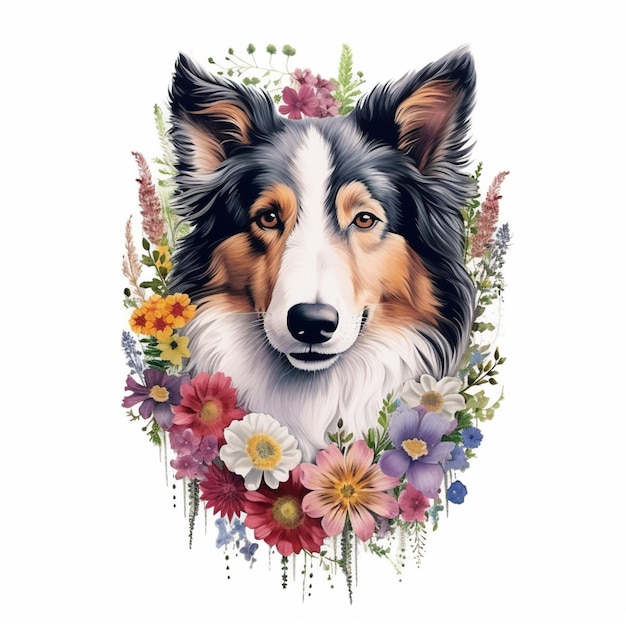 Cão Arafed com flores e folhas em uma moldura generativa ai
