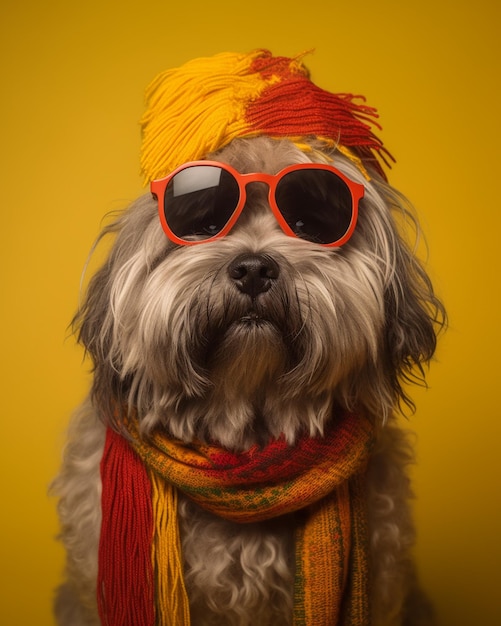 Cão Arafed usando um lenço e óculos de sol em um fundo amarelo