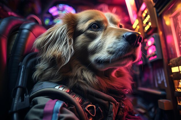 cão araffe sentado em uma cadeira na frente de uma máquina caça-níqueis generativa ai