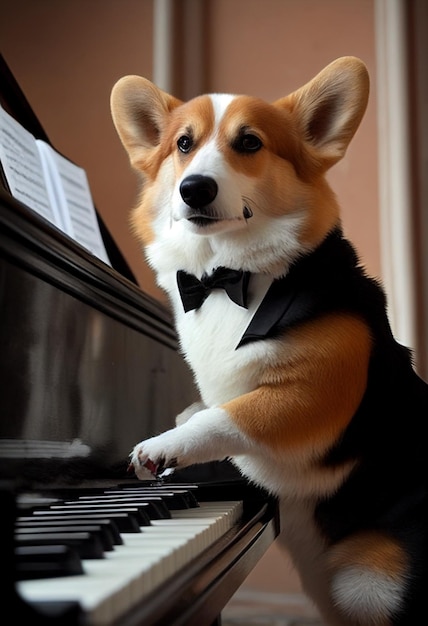 cão araffe vestindo uma gravata sentado em um piano generativo ai