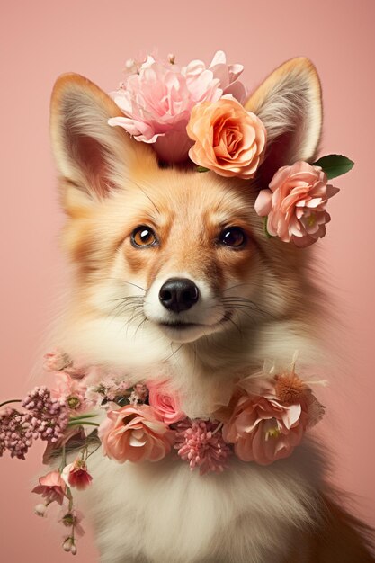 cão arrafado com uma coroa de flores na cabeça generativ ai