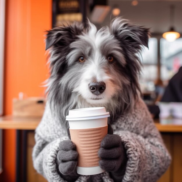 Foto cão arrafado em um suéter segurando uma chávena de café generativo ai