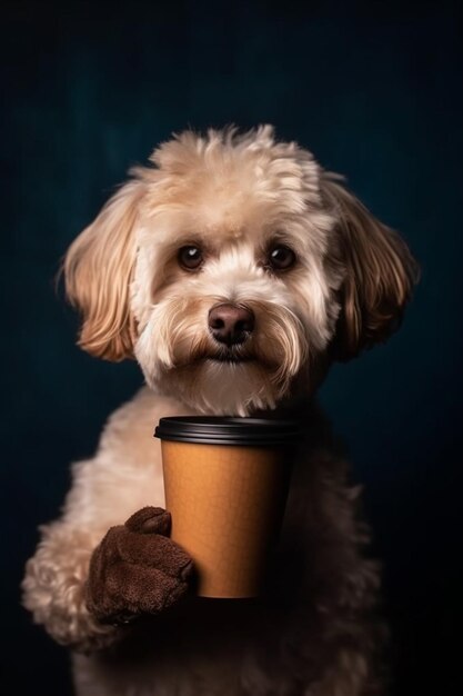 Foto cão arrafado segurando uma chávena de café em suas patas generativo ai