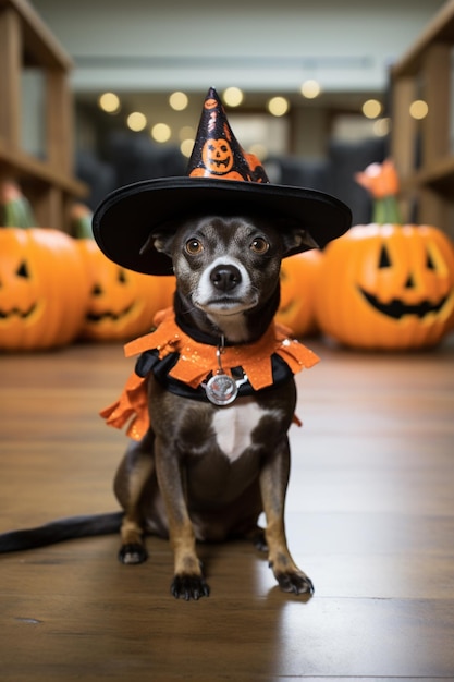 cão arrafado vestindo um chapéu de bruxa e lenço laranja generativo ai