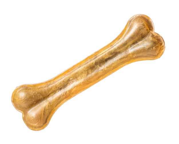 Foto cão artificial mastiga comida óssea com vitaminas isoladas em fundo branco