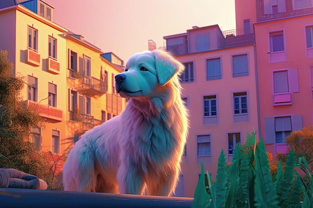 Cão aventureiro na cidade Cityscape pôr do sol cores pastel Generative AI