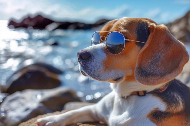 Cão Beagle com óculos de sol na praia