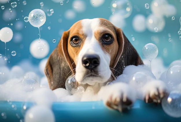 cão beagle em uma grande banheira cheia de sabão e bolhas no estilo de nostalgia de foco suave