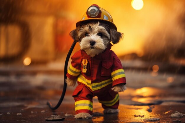 Foto cão bonito a vestir-se como bombeiro.