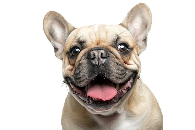 Cão bonito Bulldog francês close-up focinho feliz isolado em fundo branco estúdio tiro animal engraçado