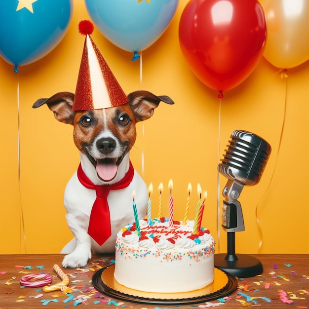 Foto cão bonito cantando feliz aniversário e desejando em um fundo de festa