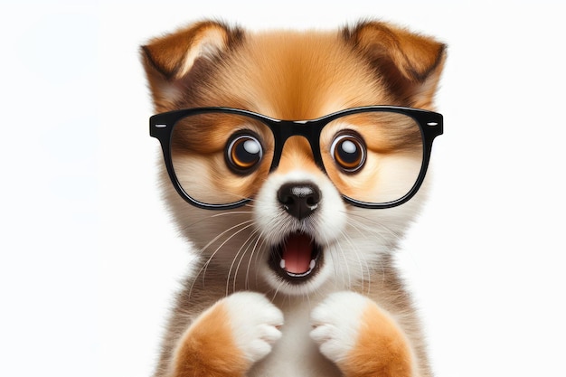 Cão bonito chocado em óculos com olhos surpreendidos conceito de suspeita e curiosidade