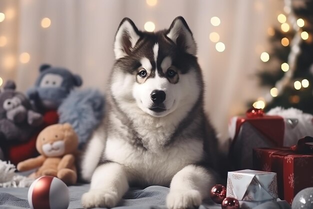 Foto cão bonito com brinquedo de ursinho de pelúcia na decoração doméstica de natal criada com ferramentas de ia gerativa