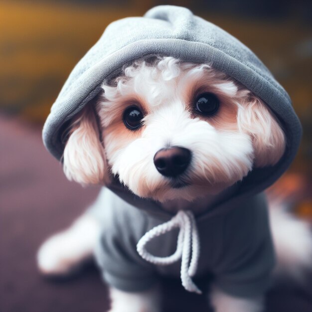 Cão bonito com capuz roupa especial para cães vestindo o seu cachorro