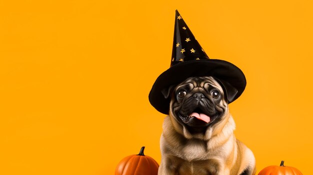 Foto cão bonito com chapéu de bruxa de halloween em fundo laranja