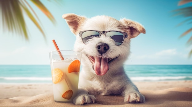 Cão bonito com coquetel relaxando em uma praia de areia perto do mar Férias de verão com animal de estimação IA generativa