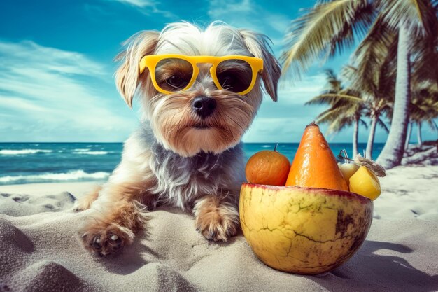 Cão bonito com coquetel relaxando em uma praia de areia perto do mar Férias de verão com animal de estimação IA generativa
