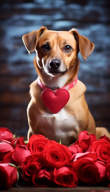 Cão bonito com coração vermelho e buquê de flores vermelhas em fundo com espaço de cópia