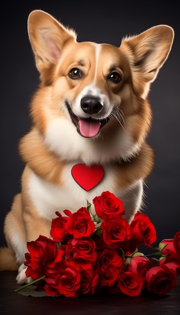 Cão bonito com coração vermelho e buquê de flores vermelhas no fundo com espaço de cópia