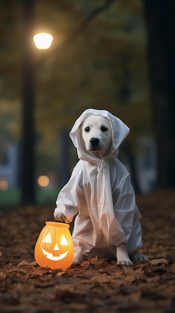 Foto cão bonito com traje de fantasma no parque de outono cachorro com traje de espírito conceito de halloween