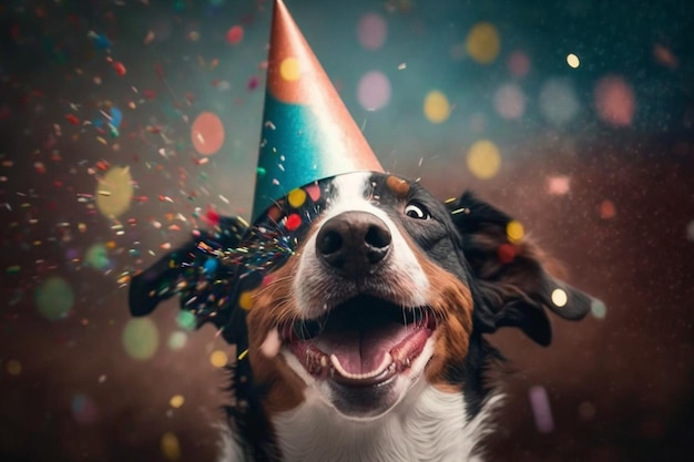 Cão bonito com um chapéu de festa comemorando seu aniversário confeti caindo Gerar Ai