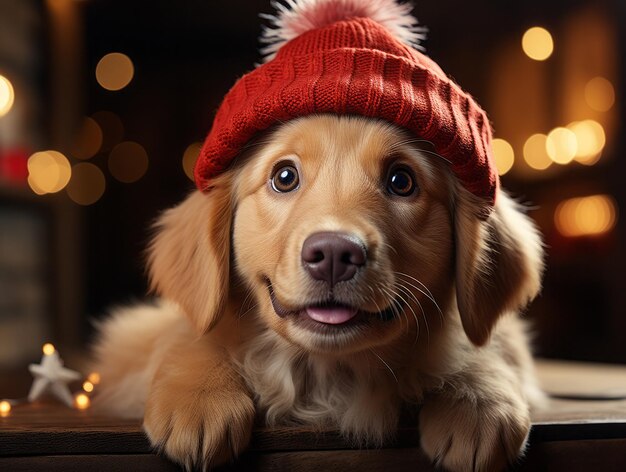 Cão bonito com um chapéu vermelho gerado pela IA.