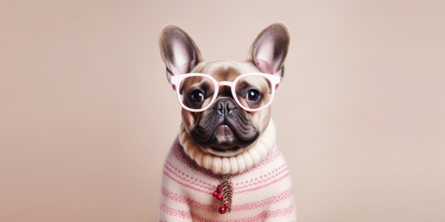 Cão bonito com uma camisola de Natal de malha, óculos de guirlanda, cornos de veado de pelúcia, cópia de espaço pastel.