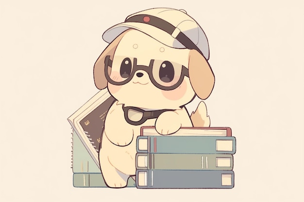 Foto cão bonito de anime usando óculos e segurando ilustração de clipboard