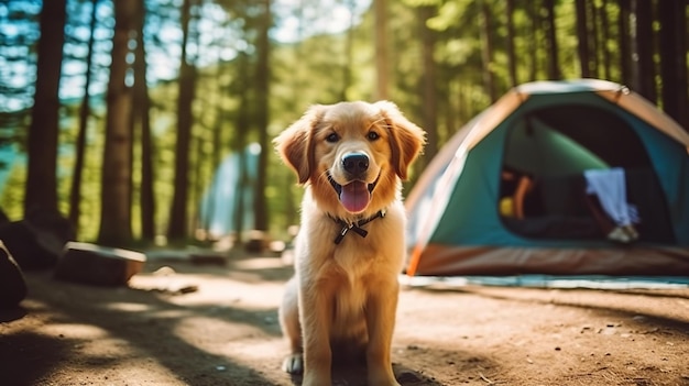 Cão bonito de pé junto a uma tenda de acampamento