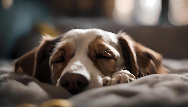 Cão bonito dormindo na cama em casa em close-up Animais de estimação adoráveis Ilustrações de IA generativa