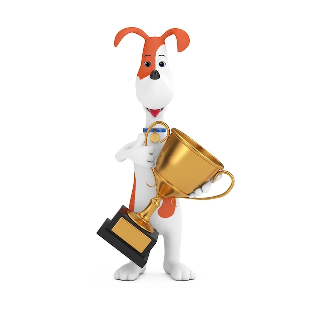 Foto cão bonito dos desenhos animados, segurando o troféu de prêmio de ouro renderização em 3d
