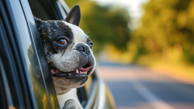 Cão bonito e feliz a olhar pela janela do carro.